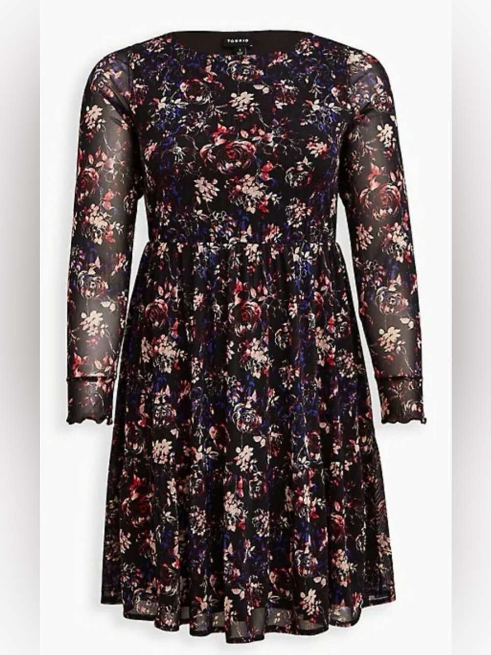 Torrid Ruffle Floral Mesh Women Plus Size 2X Long Sleeve Boho Knee Length Dress